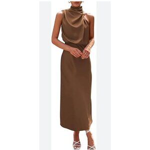 Pretty Garden Med Womens Satin Halter Neck Maxi Dress Elegant Sleeveless Party